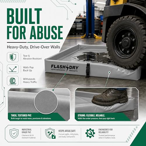 Image of FLASHDRY Portable Spill Containment Berm, Folding Duck Pond 4' x 4', Reusable Oil, Fuel & Chemical Spill Containment Tray, UV-Resistant PVC, Heavy-Duty, Quick & Easy Setup, Garage & Industrial Use