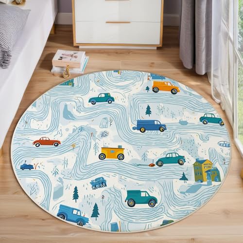 Tapis salon rond diamètre 160cm bleu clair doux antidérapant - 4