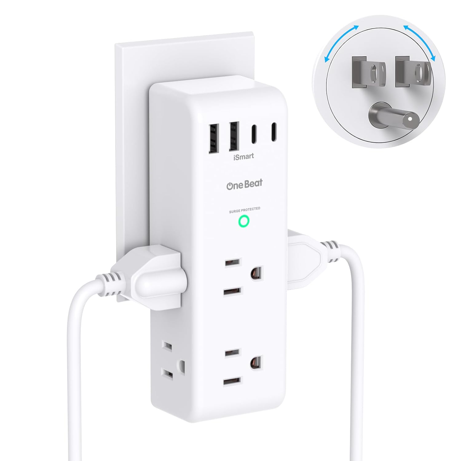 Surge Protector Outlet Extender - with Rotating Plug, 6 AC Multi Plug Outlet with 3 USB Ports (1 USB C), 1800 Joules, 3-Sided Swivel Power Bar with Spaced Splitter for Home,...