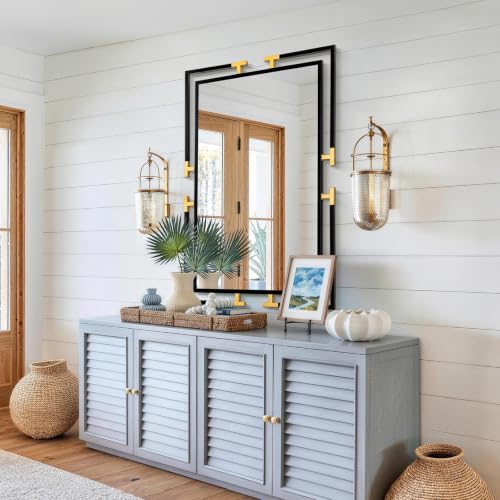 Image of 48 inchx32 inch Large Black and Gold Vanity Bathroom Mirror, Modern Metal Frame Wall Decor, Horizontal and Vertical Mount for Living Room Entryway