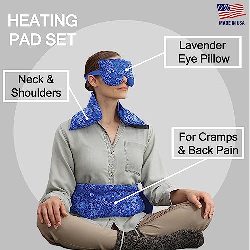 Hot Pockets® Natural Full Treatment Set for Hot & Cold Therapy - Reusable Microwaveable Heating Pads & Lavender Eye Mask for Relaxation - Blue Flower