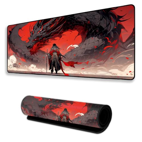 Image of Dragon Warrior Gaming Mouse Pad, Large Desk Mat 58.5 x 28 cm, Extended Washable Mousepad, Desk Pad, 2mm Thick Non-Slip Rubber Base, Stitched Edges, Smooth Surface (Red /Black)