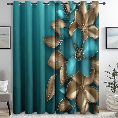 Genérico Cortinas Salon Modernas, Lujo Flores Hojas impresión patrón, Turquesa Oro Cortinas Opacas Termicas Aislantes, 140An x 280Al cm (2 Paneles) para la decoración del Dormitorio