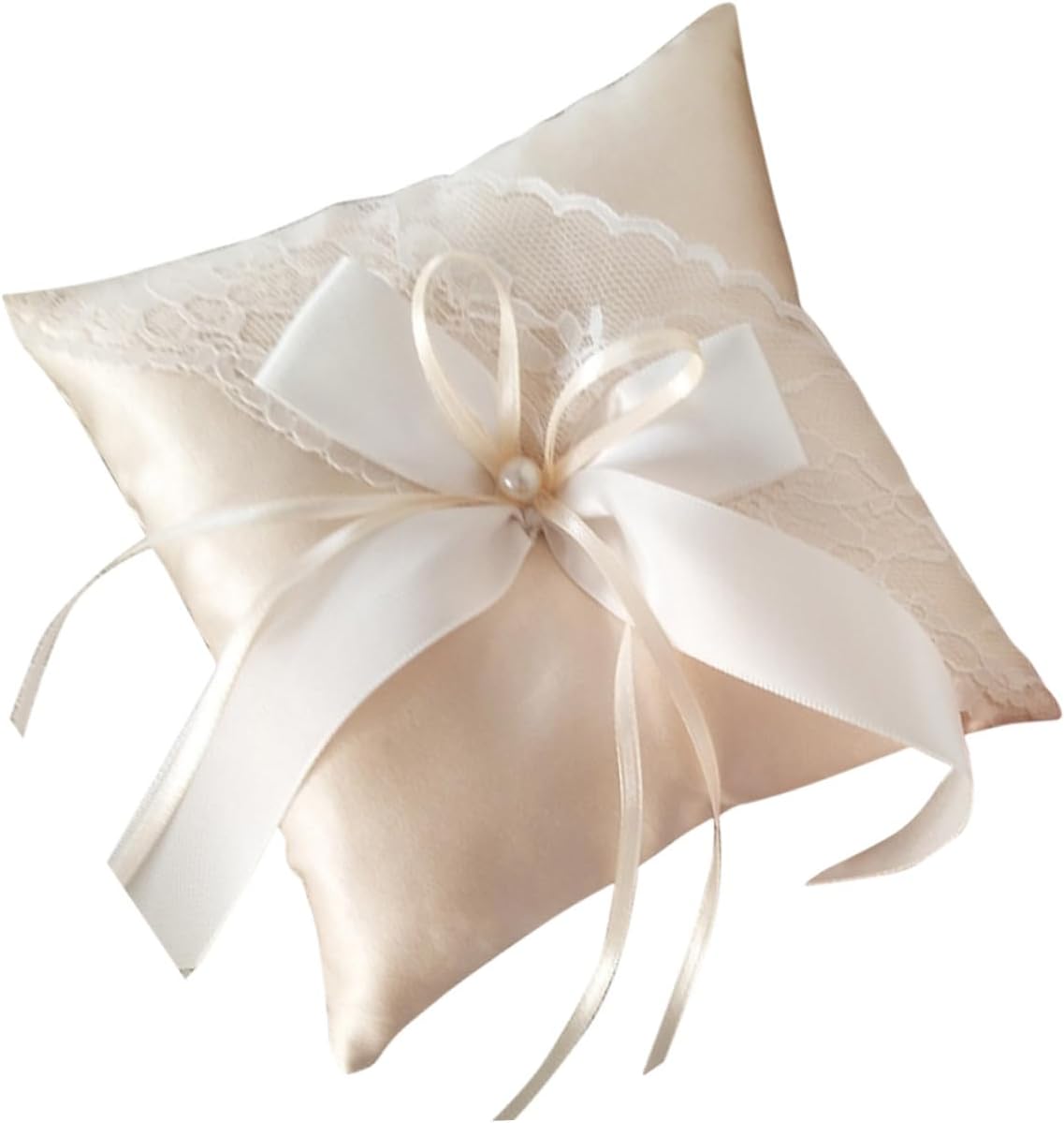 BESPORTBLE Wedding Ring Bearer Pillow Cushion with 15x15cm Light Gold Satin, Artificial Pearl Decoration, Ribbon Accent for Wedding Ceremony and Engagement Ring Holder