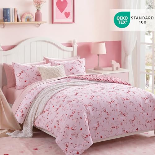 Image of Full Size Comforter Set for Girls Red Bow Heart 7 Pieces Bed in a Bag