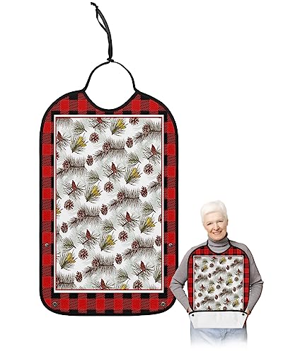 LEOKOTI Christmas Pine Adult Bibs for Eating, Waterproof Bibs with Food Catcher & Adjustable Snap Closure, Black Red Plaid Pine Cones Washable Clothing Protectors Adult Bibs for Elderly Women/Men