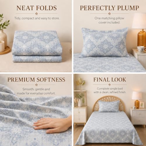 Image of BSB HOME 240 TC Premium Single Bed Bedsheet, Soft Floral Printed Bed Sheet, Elegant Cotton-Look Bedding with Stylish Floral Pattern Bedsheet for Bedroom, 60 x 90 Inches (152 x 229 cm) - Powder Blue