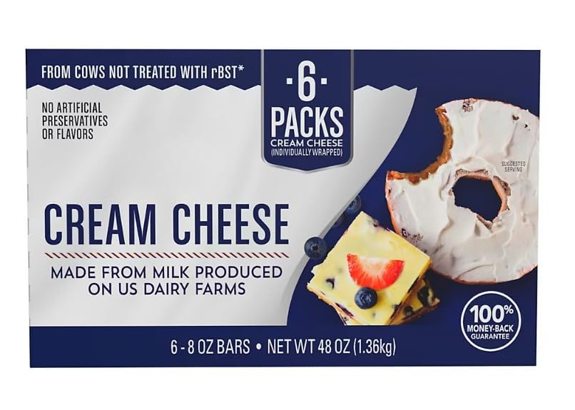 Cream Cheese Block contains many opportunities to be creative throughout your day. Has no artificial preservatives or flavors, so you can have a satisfying snack you won't feel guilty about. fun way to add something delicious to every meal. Beyond desserts, this creamy, spreadable, and smooth cream cheese is also perfect on your favorite veggies, bagels, crackers, pasta sauces, dips, and more. 6 PK [ 48 oz , 3 lb ]