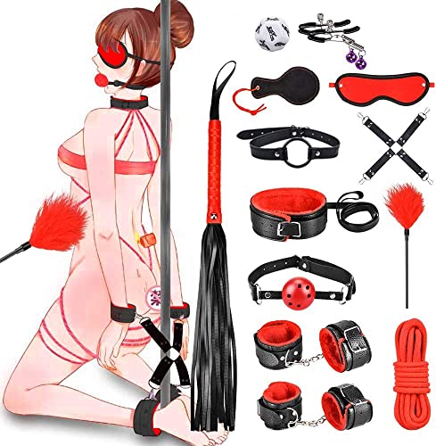 Qoosea 13 Stück SM Bondage Set Sex Spielzeug Extrem Sex, BDSM Fesseln Sex Set Erotikspielzeug für Paare, SM Sexspielzeug mit Handschellen Knöchelmaske für Anfänger und Erfahr（Rot und Schwarz）