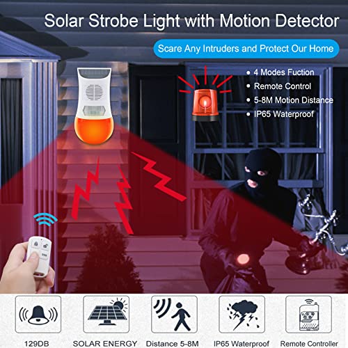 Solar Siren Light With Remote Control Strobe Red Light With Siren Motion Detector With Sound/Motion Alarm Outdoor With Ip65 Waterproof 129Db Solar Security Alarm For Yard Garden Farm Home #TOP1