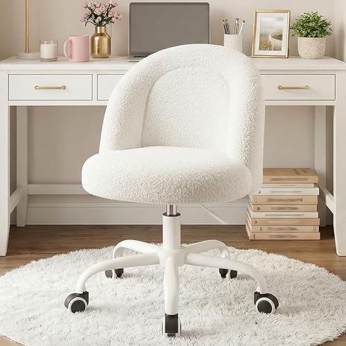 Image of DurayLoly Vanity Chair, Soft Teddy Fleece Makeup Chair with Silent Wheels, Height Adjustable & 360 Swivel, Space-Saving Armless Design, Cream White