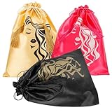 LOLIPPYY 3個 柔らかい素材使用のウィッグ収納巾着袋点 携帯に便利なサテン製 旅行や日常のウィッグ保護に 黒 ローズ ゴールド各入り