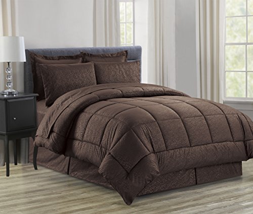 Image of Sweet Home Collection 8Piece Bed in A Bag with Dobby Stripe Comforter, Sheet Set, Bed Skirt, Sham Set - King, Vine Chocolate,King