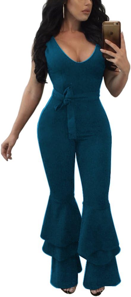 ZestwayWomen's Sexy Flare Bell Bottom Pants Belted Bodycon One Piece Jumpsuit Rompers with Belt