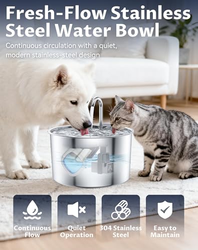 Dog Water Bowl, Quad-Purification System and Continuous Circulating Water Flow, Stainless Steel Easy-to-Clean, Quiet Operation (8 Filters + 4 Sponges)