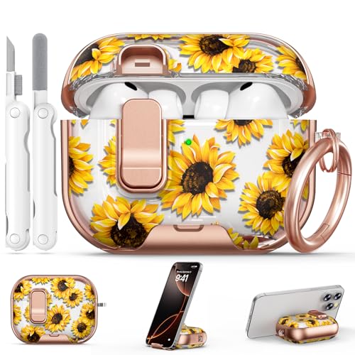 Image of for AirPod Pro 3 Case 2025, with Safty Lock & Phone Stand for Floral AirPod Pro 3 Generation Case Cover for Women Girly, iPod Pro 3 Cases with Keychain & Cleaner Kit - Yellow Sunflower