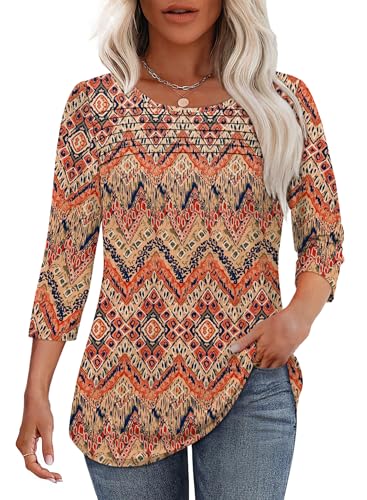 Boho Tops for Women Blouses Dressy Casual Summer Vacation Outfits 2026 Trendy Fashion Clothing 3/4 Length Sleeve Shirts Orange XL