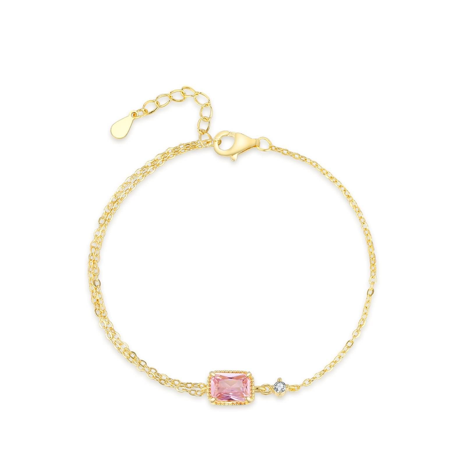 Pulseras Mujer de Oro 9 K / 14 K / 18 K, Rectángulo con Zafiro Rosa Creado de 0,5 ct y Moissanita, Cadena Extensible 16 CM + 5 CM, Pulseras para Mujer de Oro