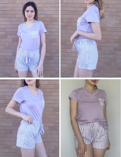 Image of Ekouaer Womens Pajama Sets Short Sleeve Pajamas for Women Sets Soft Lounge Sets Casual V Neck Sleepwear PJS