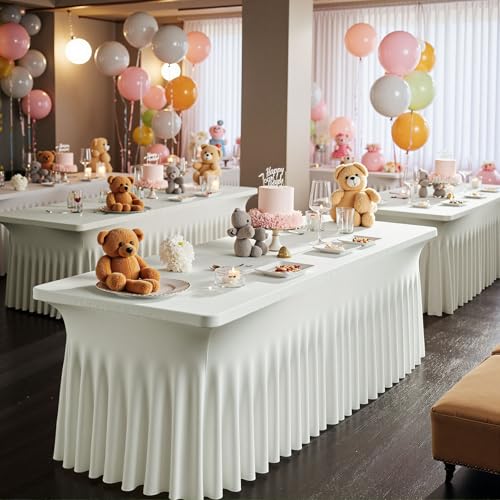 Image of 6 pk Ivory Spandex Tablecloth for 8 Foot Rectangle Tables,Wrinkle Free High Stretchy Cream Fitted Tablecloths with Ruffle Skirt, Elastic Spandex Table Covers 8 ft for Parties Weddings Banquet