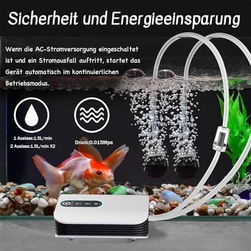LNIDEAS Aquarium Luftpumpe, Aufladbar Sauerstoffpumpe mit Doppel Auslass für Outdoor Angeln und Stromausfälle, Einstellbarem Durchfluss 1.5L / min X2, Ultra-Leise (Doppel Auslass)