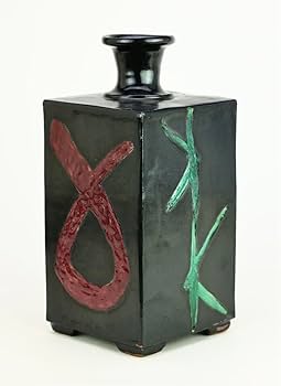 河井寛次郎　手描き花模様 四角口陶器花瓶 河井寛次郎 手描き花模様 四角口陶器花瓶
