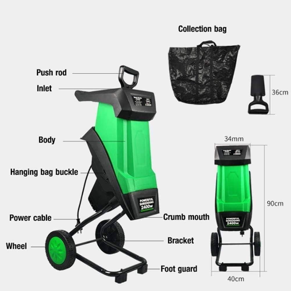 Trituradora de jardín eléctrica, trituradora de ramas de hojas multifuncional de 2400 W con ruedas y bolsa for desechos, gran capacidad de 50 litros, herramienta de limpieza de jardín for astilladora