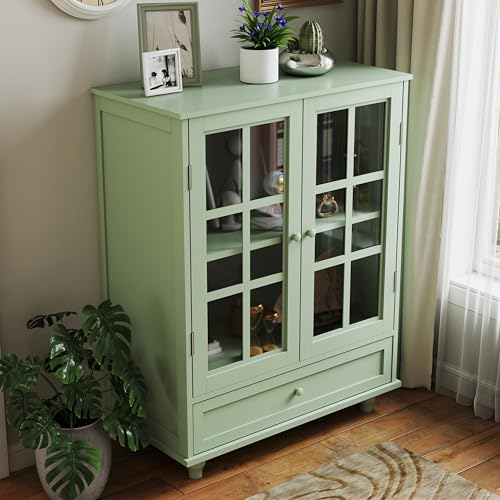 Ball & Cast Buffet Cabinet with Drawers,Glass Door Sideboard Buffet Storage Cabinet w/Adjustable Shelves,Modern Farmhouse Cupboard Wooden Kitchen Table for Living Room,Dining Room,Entryway,Mint Green