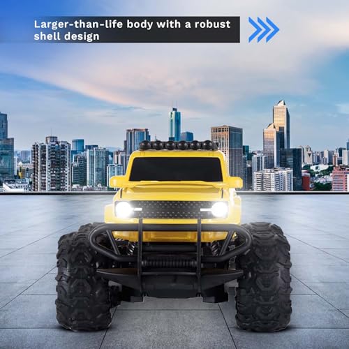 Image of Popsugar Off Roader Rechargeable Remote Control Monster Truck with 2 Speeds and 4 Headlight Modes | Lithium Battery | C-Type Charging | Remote Control Car for Kids | Made in India, Yellow