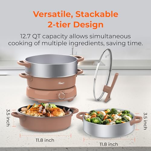 Image of Rosewill 12.7 QT Electric Hot Pot Slow Cooker with Multiple Functions, Split Design with 11.8 inch Wider Cooking Pot and SUS Steam Basket, 1600W High Power, Includes Utensils - Mocha