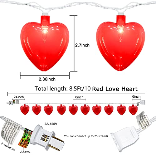 8.5Ft Valentine's Day Heart String Lights, Valentine Decorations Fairy String Lights with 10 Red Heart Lights, Connectable Love Heart Lights for Valentine's Day, Party, Wedding, Holiday Decorations