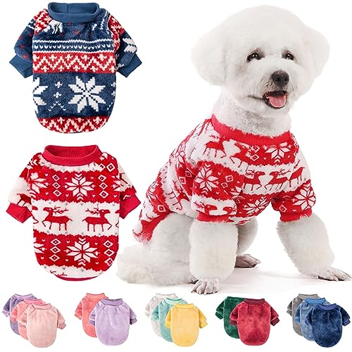 Image of FabriCastle Christmas Dog Sweater, 2-Pack Dog Clothes, Ultra Soft and Warm Pet Jackets for Small Dogs & Cats, Winter Pet Apparel Costumes, Puppy Outfits (Red,Blue, Small)