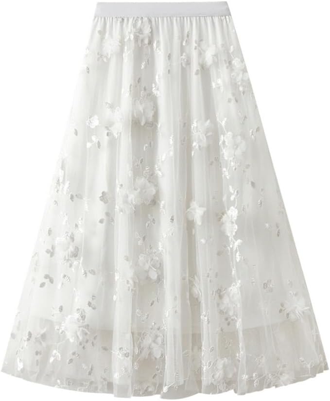 SUNYUESTAR Womens Floral Midi Skirt High Waisted A Line Cute Layered Fairy Mesh Tulle Pleated Skirt