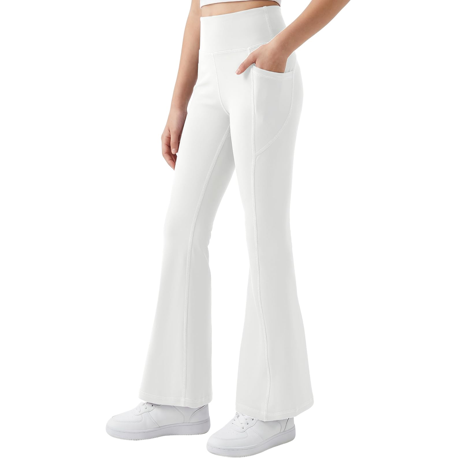 JinBei Leggings Niñas Pantalones Acampanados Cintura Alta Mallas Deportiva Elástica con Bolsillos, 7-15 Años