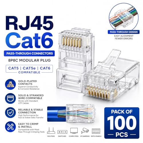 Image of ComTech RJ45 Cat6 PassThrough Connectors RJ45 Ends,(Pack of 100) Cat5 Cat5e Cat6 8P8C Modular Plug Ethernet Cable Crimp Connectors UTP Network Plug, Solid & Stranded Wire, LAN Crimp Ends