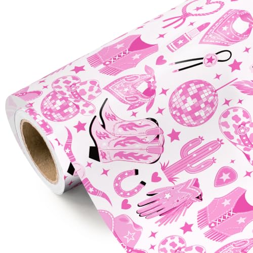WRAPAHOLIC Cowgirl Wrapping Paper Roll - Mini Roll - 17 Inch x 16.5 Feet - Cowgirl Boot, Hats and Disco Ball Western Wrapping Paper, Perfect for Women Girls Birthday, Nashville Party