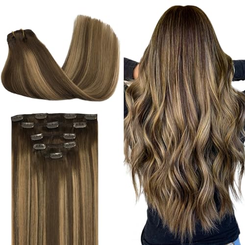 Image of DOORES Clip in Hair Extensions, 5pcs 75g Balayage Chocolate Brown to Caramel Blonde 14 Inch Real Human Hair Extensions Clip in Natural Straight Hair Extensions