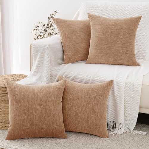 Set of 4 Brown Throw Pillow Covers 24x24 Inch, Neutral Boho Farmhouse Aesthetic Decorative Pillow Cases for Couch, Sofa, Living Room & Bed, Soft Chenille Pillow Cases, Stylish Home Decor, 60x60 cm