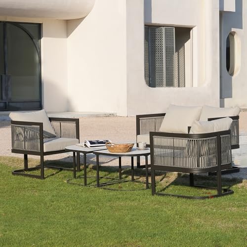 Image of GREEN MORE 5 Piece Patio Furniture Set,Outdoor Patio Conversation Set with Removable Extra Thick Cushions & Convertible Coffee Table, Modern Metal Outdoor Furniture for Porch, Backyard,Balcony, Deck