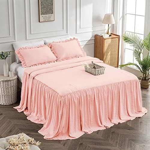 Bonlino Bedding Bedspread Set Bed Queen - Farmhouse Bedspread Coverlet Bed Spreads Quilt Chic Vintage Bedding Ruffle Skirt Bedspread Bedroom Rustic Lightweight with 2 Pillow Shams (Queen Blush Pink)