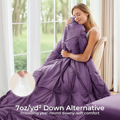 Image of Sasttie King Size Comforter Set, 7-Piece Bed in a Bag, Pintuck Bedding Set for All Season, Includes Comforter, Flat Sheet, Fitted Sheet, Pillowcases and Pillowshams, Grape Purple