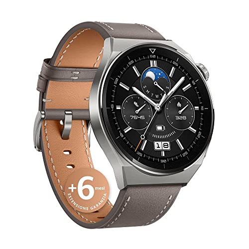 HUAWEI WATCH GT 3 Pro 46 mm Smartwatch Orologio Uomo, Quadrante in Vetro Zaffiro, Monitoraggio della Salute 24h, SpO2, Durata Batteria fino a 14 Giorni, 5ATM, GPS, Versione italiana, Pelle Grigio