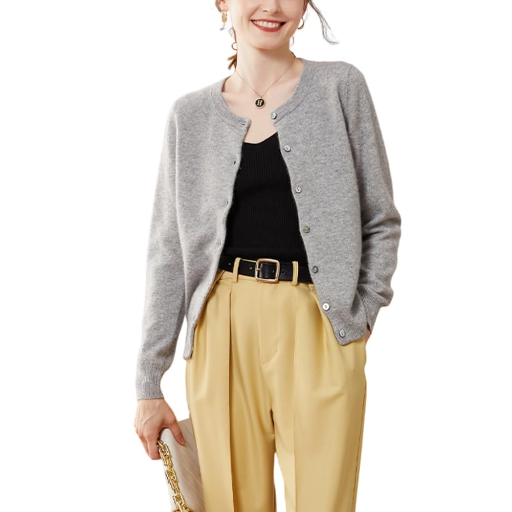 Valin Damen Kaschmir&Wolle Strickjacke Rundhals Langarm Cardigan Einfarbige Relaxed Dünner Kaschmir Strickjacke,VSP1201