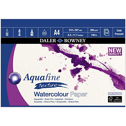 Bloc Encolado ideal para Acuarela DALER ROWNEY Aquafine, de Formato 21 x 29,7 cm, con 12 Hojas de Papel de 300 g/m2 de Grano Grueso