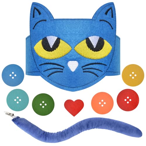Aczyoxw Blue Cat Costume Set with Cat Headband and Tail Heart Button Stickers Accessories for Read Book Day Dress Up Halloween Party Cosplay