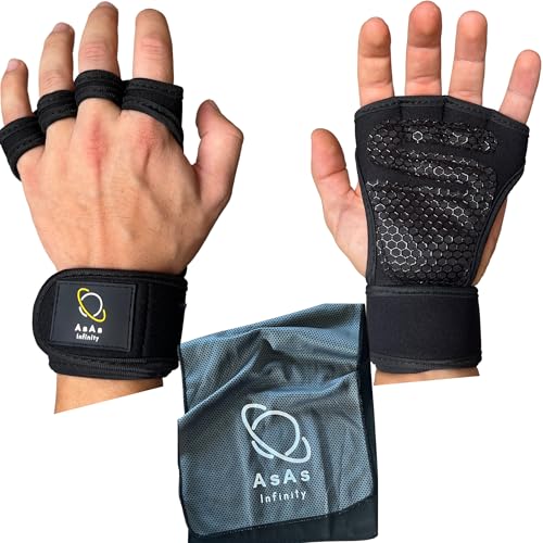 AsAs infinity®️ Guantes Gimnasio Hombre Mujer + Toalla, Calleras para Crossfit, Guantes Crossfit con Muñequeras Gym, Muñequeras para Mancuernas Kettlebell Dominadas Fitness Pesas Calistenia