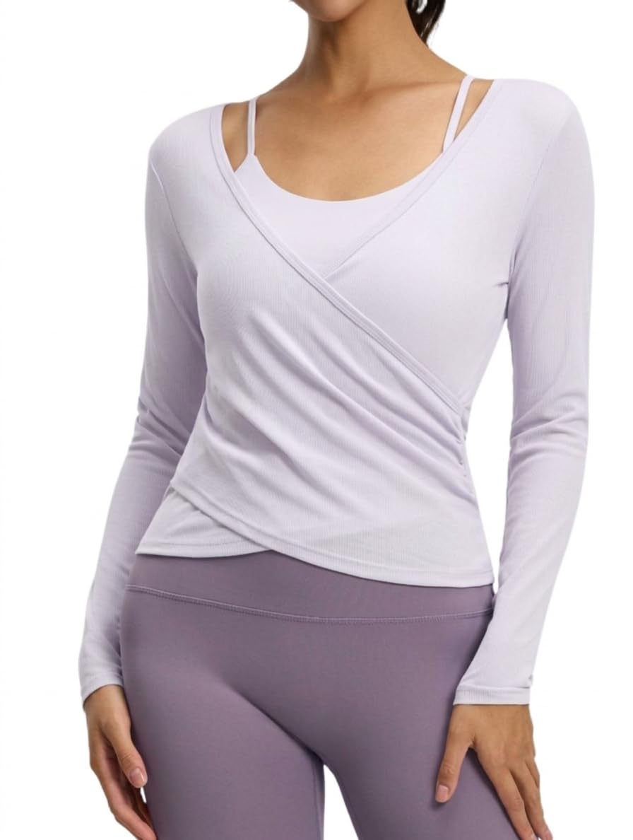Women's Yoga Long Sleeve 2 in 1 Mesh Summer Athletic Tops Workout Shirts with Attached Padded Sports Bra | Fitness Crop Top Bralette-image-32