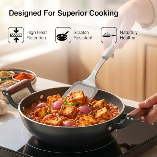 Image of Prestige Castlite Patterned Enamel Coated Cast Iron Kadai 20cm /1.4L | High Heat Retention, Rust-Proof | Gas & Induction Compatible | Low-Oil Cooking | Stay-Cool Handles | Easy Clean | 15Y Warranty