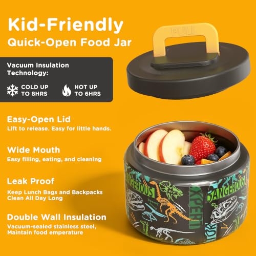 Image of JXXM Bento Lunch Box for Kids With 8oz Soup thermo,Leak-proof Lunch Containers with 5 Compartment,thermo Food Jar and Lunch Bag, Food Containers for School (A-Black(Dinosaur Fossil))