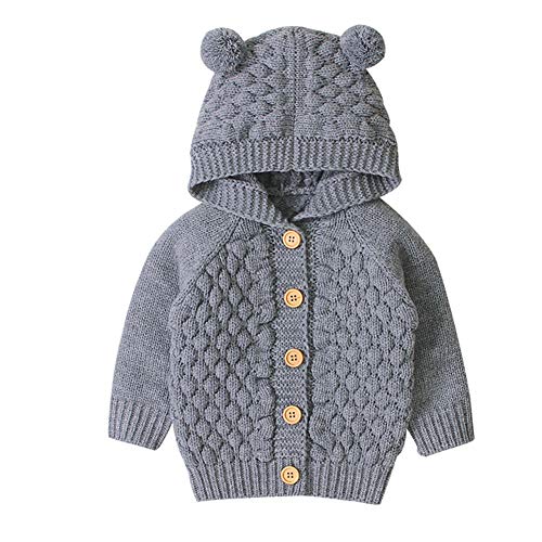 Mornyray Baby Boy Girl Bear Ear Sweater Jackets Winter Long Sleeve Knitted Sweatshirts Button-up Hooded Outerwear Gray